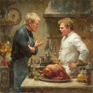 Chef Gordon Ramsey arguing with Chef Boyardee in a kitchen with...