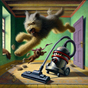 A shaggy, angry dog leaps into the air, eyes wide and limbs flai...