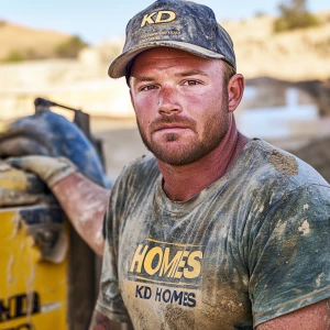 Brian Nobles a real 28 year old Caucasian male who is using  a concrete mixer, he is a  pump operator holding the hose which carries the liquid concrete to the foundation pour, Brian is slowly  beginning his transition into adult maturity , Brian Nobles is beginning to look like a grown man, he has large reflective brown eyes and a wrinkled brow,Brian is now balding , prominent large protruding round fat obese belly,,thick goatee beard, healthy muscle mass ,very noticeable male pattern balding hairline, Brian Nobles now has a  prominent receding and thinning male hairline (onset male pattern baldness), slightly fat overweight(Caucasian)wearing tight body conforming  glossy satin shiny green and gold tight fitting body conforming UnderArmour athletic bodysuit,emblazoned with the "KD HOMES" real estate logo, standing confidently in front of a newly completed constructed new KD HOME in Victorville California in a raw desert landscape. Brian has a protruding fat obese muscular physique, large male bulge, fat obese muscular frame , shows a substantial frame with a noticeable mature hairline and expressive eyes. His workman’s  pose should reflect his experience in his trade.