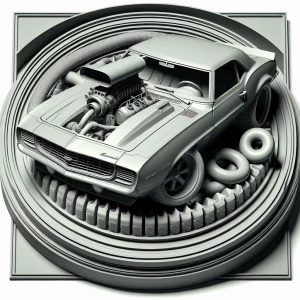 Grayscale 3D bas relief of a 69 camaro with a blower sticking ou...