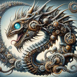 A magnificently intricate steampunk mythological basilisk, its m...