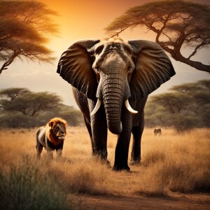 Illustrate an elephant and a lion in a natural savanna setting,...
