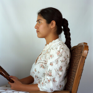 A cute Mexican woman sitting in a wooden chair
Brown ponytail...