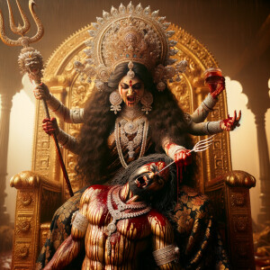 portrait of angry looking goddess durga sitting on a gold crown and carrying a weak mahishasur on her lap and stabbing him with her amazingly designed trident. She is wearing a huge diamond crown, black saree, abundant diamond jewelry, covered in blood. The scene is set in ancient India. The image is 8K resolution, photograph, cinematic, ultra detailed face and epic.