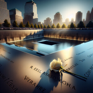 A solemn image shows the reflective twin pools of the 9/11 Memor...