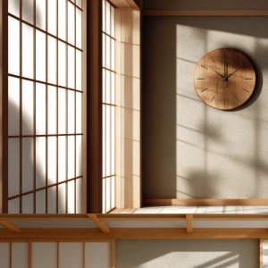 A peaceful Japanese tea room interior with a traditional wooden...