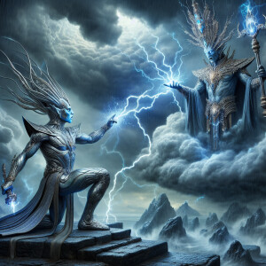 An alien wizard with glowing metallic blue skin, long metallic r...