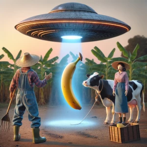 A banana getting taken by the aliens with the cow and the farmer