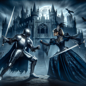 Black knight fighting a blue and black knight in front of a undead castle