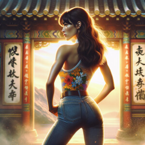 Athletic Thin skinny Attractive, Asian teenage girl, long brown hair and bangs, wearing tight skinny jeans and a halter top paint marks on her clothing, heroic pose Asian graffiti background, backside view