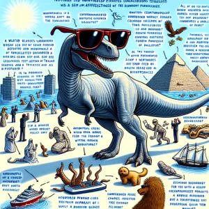 Dinosaur billionaire  with cute glasses that reflect of a volcan...