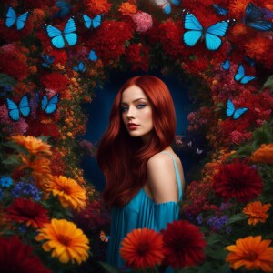 Create an image of an elegant woman with lustrous dark red hair...