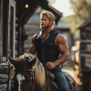 Wanted man muscle dirt blonde hair blonde beard wearing black chaps with blue jeans on a black leather vest. In the morning riding a horse with tan and brown. He is in a old fashion town.