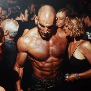 Hyperrealism,a muscular beefy sweaty man,entering in a nightclub...