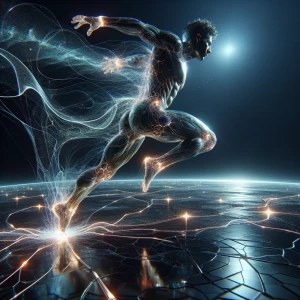 A high-speed photography capture of a humanoid figure mid-leap,...