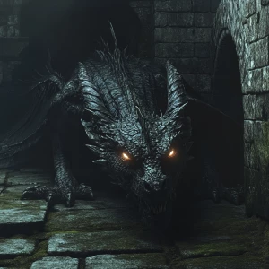 A detailed, intimidating dragon with glowing eyes and sharp scal...