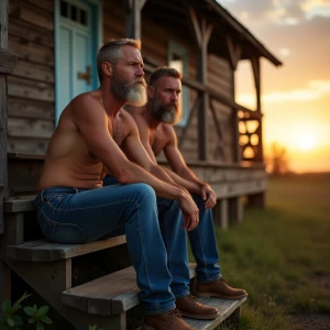 A sun-drenched twilight scene unfolds as a rugged duo, their sun...