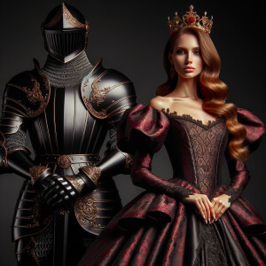 Black knight standing with a queen that’s wearing burgundy and gold dress