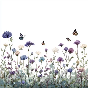 Wildflower field, butterflies flying, in vintage watercolor styl...