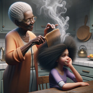 Create a realistic 3-D image of an african-American grandmother in the kitchen with her african-American granddaughter. The grandmother has a hot comb in her hair and she is straightening her granddaughters hair. One side of her granddaughters hair is in  a Afro the other is bone straight 
There is smoke coming from the hot comb