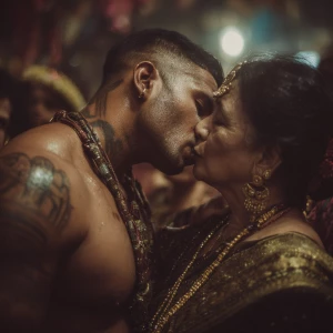 Realism,photo painting.a muscular beefy sweaty tattoed indian ma...