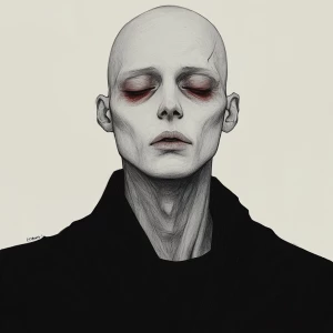 a pale, bald humanoid male with deep eye bags, hollow expression...