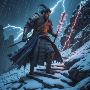 A grizzled, battle-hardened steampunk samurai warrior, clad in t...