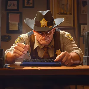 A deputy sheriff furiously typing a report at a desk, his expres...