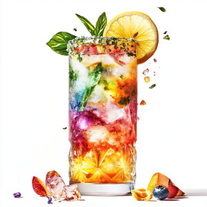 Create an image of a tall, vivid tropical cocktail, complete wit...