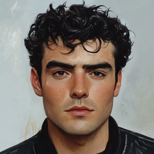 Well done handsome man with black curly hair, short hair, thick...