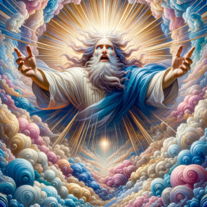 Create a 3-D realistic oil, painting Jesus Christ coming in the blue, gold, pink and white clouds with great power and glory up close, tears rolling down his face,