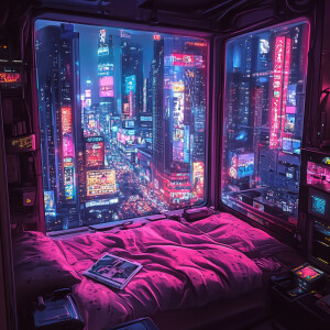 A cozy, futuristic bedroom with a large window view of a vibrant...