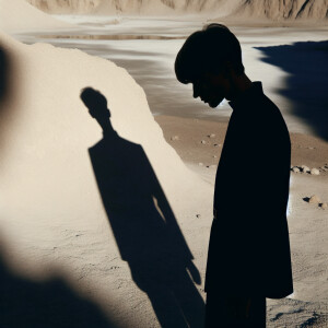 A silhouette of a person standing in a sunlit area, casting a sh...