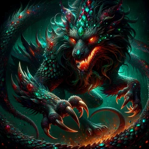 A menacingly enchanting manticore, its body a mosaic of shimmeri...