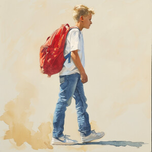 Blonde boy of 13 years old. Wearing white Nike sneakers, blue je...