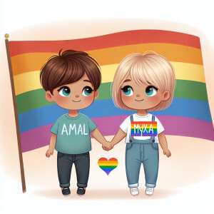 two boys ( one blond , the other brunette , both with bangs ) ar...
