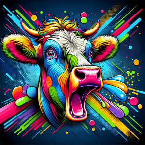 Design a vibrant pop art illustration of a cow with a colorful a...