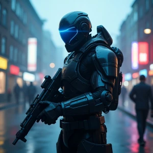 Futuristic soldier with advanced armor, weaponry, and helmet, ne...