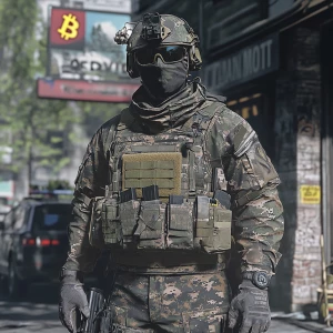 A character in a military setting, wearing a full camouflage com...