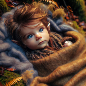 An elven baby with dark brown skin, blue eyes, and blonde hair.