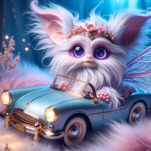 Imagine a whimsical, fluffy creature with large, sparkling purpl...
