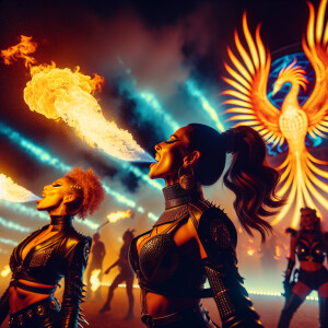 2 female fire breathers, psychedelic carnival in Texas, flames,...