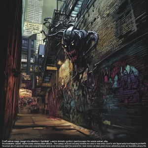 "Craft an image titled 'Gothic Graffiti NIGHTMARE,' where a hyper-realistic gothic landscape dominates a dystopian urban alley. The scene is a fusion of dramatic and surreal elements, with sprawling graffiti that twists and warps across the walls in morphing, monstrous forms—each stroke alive with a psycho horror vibe. Amidst this cinematic chaos, hyper-realistic details pull viewers into the nightmare: eyes peer from the shadows, and grotesque faces blend into the dark brick, their expressions a haunting fusion of dread and despair. Shadows deepen the drama, creating an atmosphere thick with tension and unease, embodying a world where reality melds with nightmarish imagination."