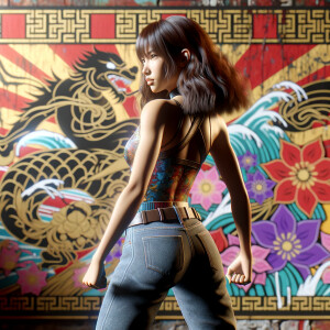 Athletic Thin skinny Attractive, Asian teenage girl, long brown hair and bangs, wearing tight skinny jeans and a halter top paint marks on her clothing, heroic pose Asian graffiti background, backside view