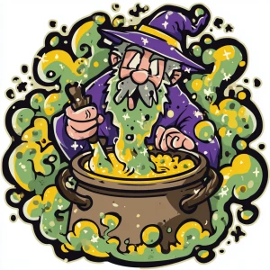 cartoon wizard character stirring bubbling coffee cauldron with...