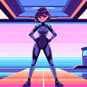 1990s anime screencap, girl a plugsuit, standing with hands on h...