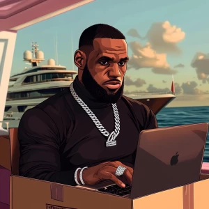 Create an image of a young, stylish man resembling LeBron James,...