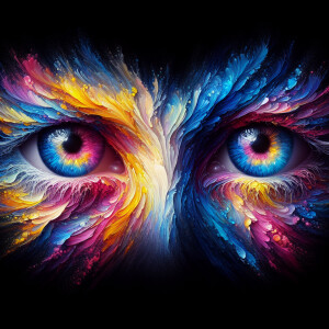 multicolored eyes, prominently featuring shades of blue, pink, a...