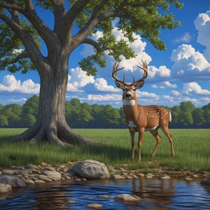 blue skies with white fluffy clouds, on the green grass is a oak...