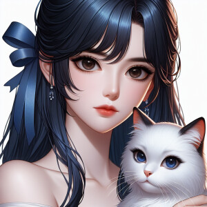 Realistic anime woman with dark blue hair and dark brown eyes. S...